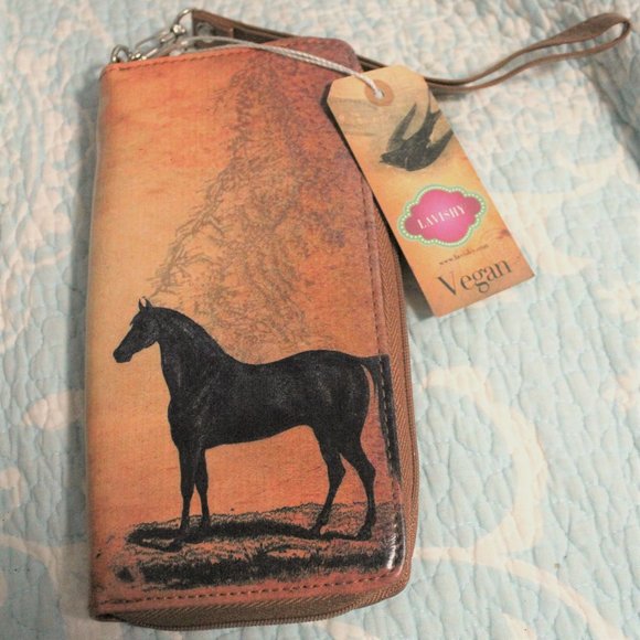 Lavishy Eco Friendly Faux Leather Vegan Zippered Wallet Wristlet Horse Ferns NWT - Picture 1 of 8